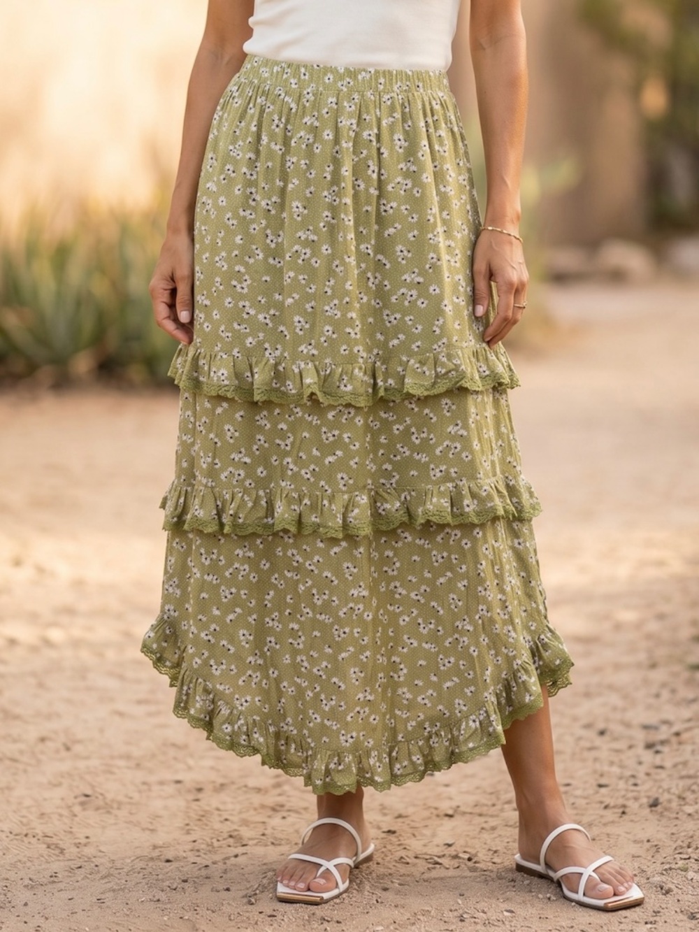 POL Green Ditzy Floral Maxi Skirt | Ruffle Tiered Side Slit Pull On - Picture 4 of 7
